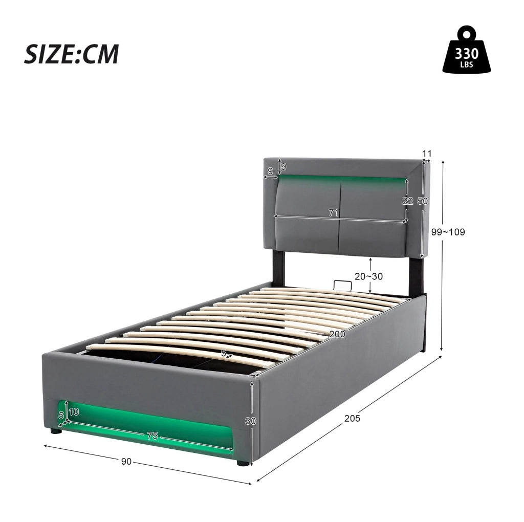 Letto imbottito 90x200 cm in PU grigio con USB; LED e contenitore