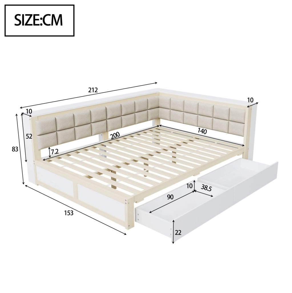 Divano letto 140x200 cm con schienale morbido e 2 cassetti in legno colore naturale