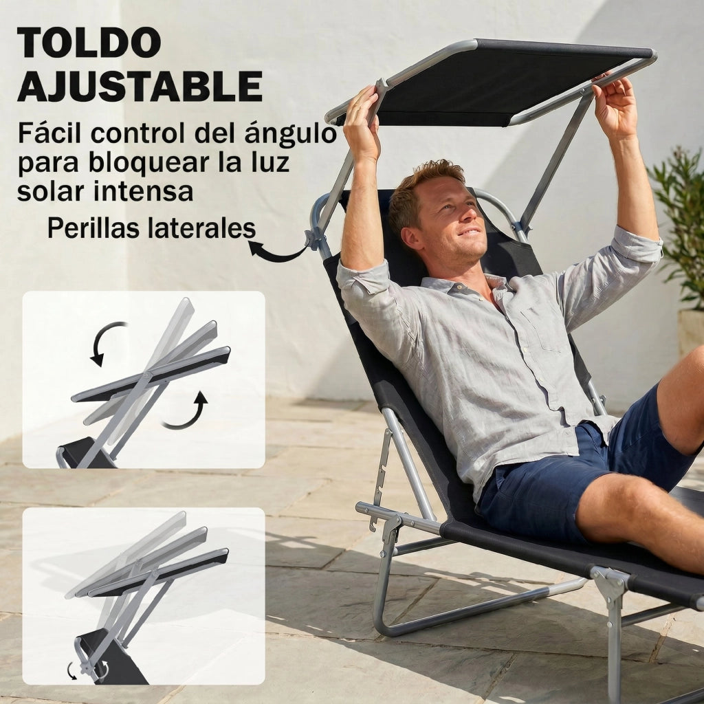 Tumbona Pieghevole con Toldo e Respaldo Reclinabile ¨C Zephmum ¨C Nero 187x58x36cm