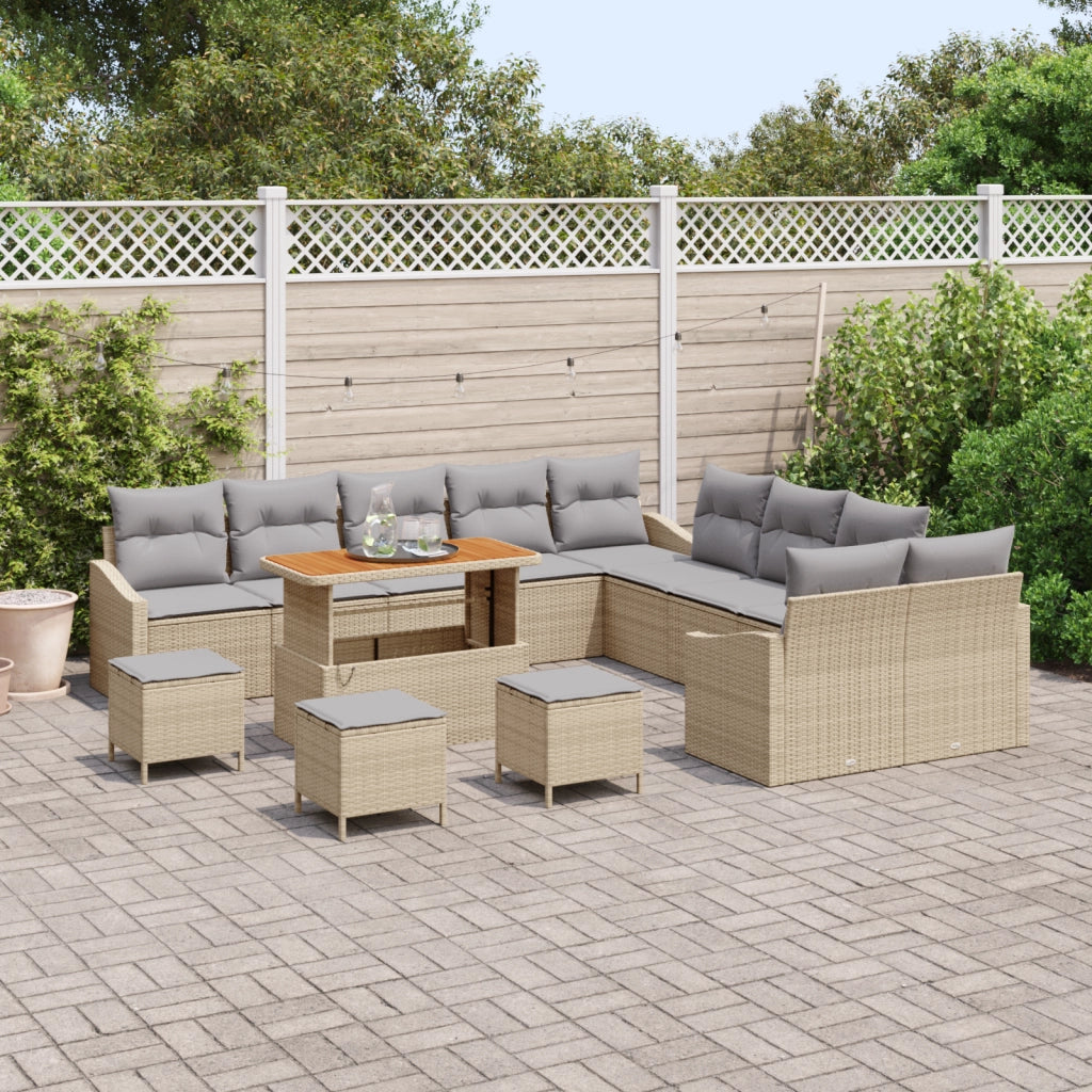 Set di divani da giardino da 14 pezzi con cuscini in rattan poliestere beige