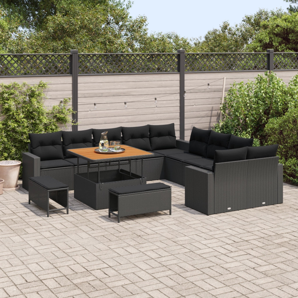 Set divano da giardino  13 pezzi con cuscini Polyrattan nero Acacia