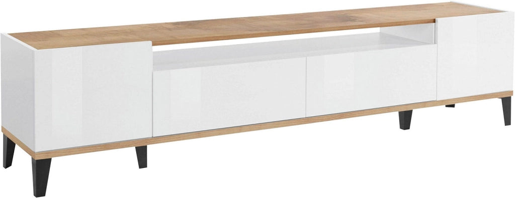 Mobile TV 2 Ante 2 Cassetti 200x40x47 cm Sunrise Bianco Lucido e Acero Pereira