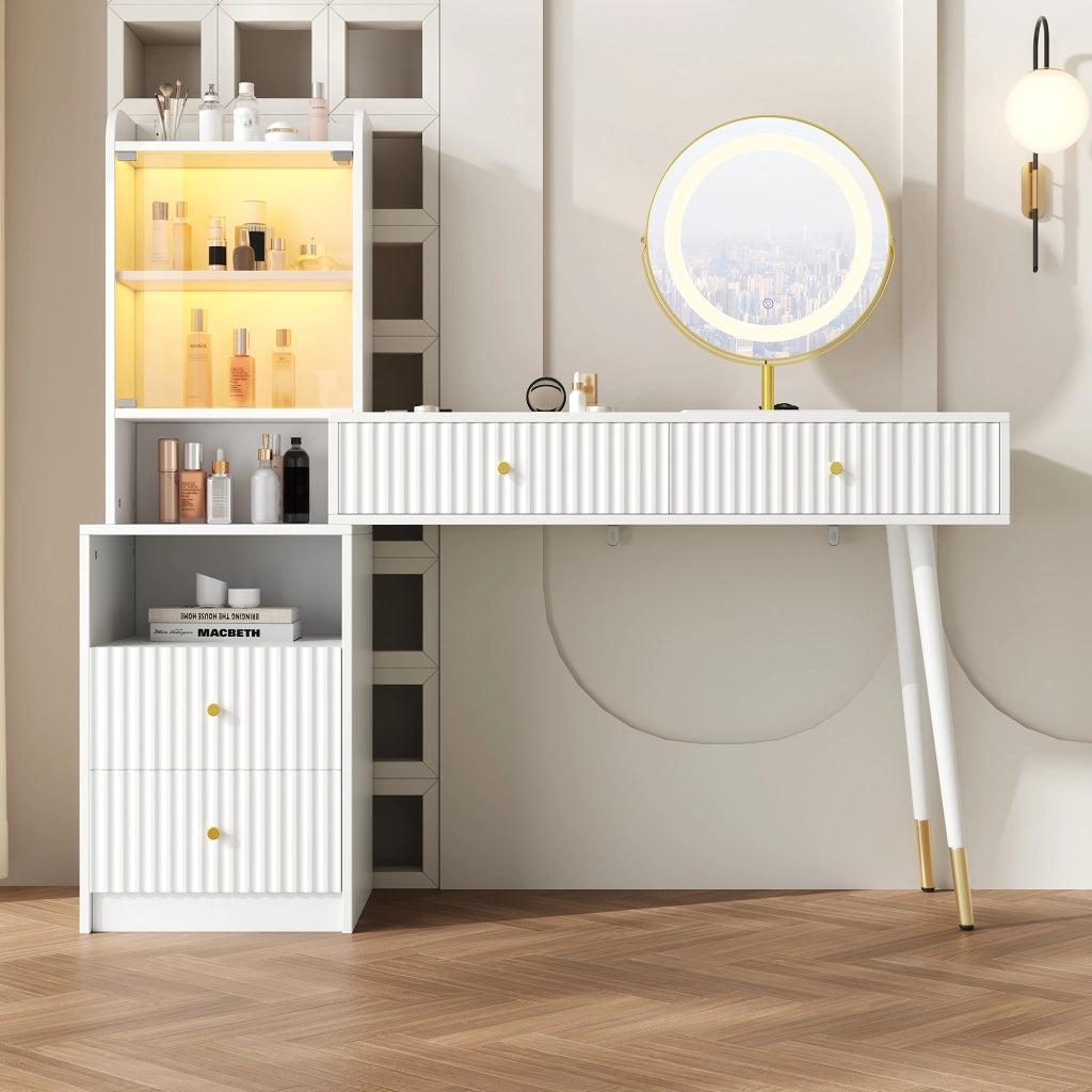 Scrivania Toeletta con Specchio LED ¨C MINIMAL ¨C Bianco, 4 Cassetti, Armadio, 100x40x125 cm