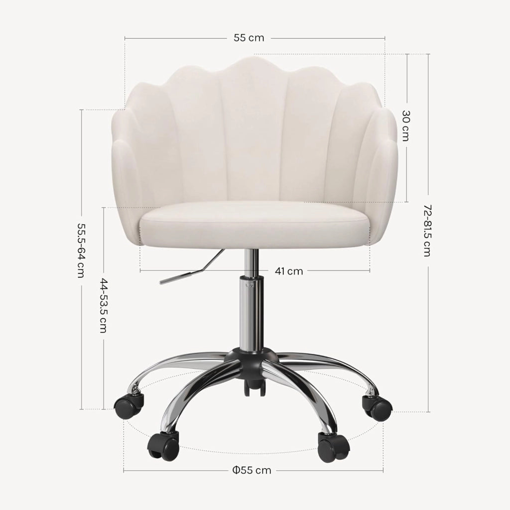 Sedia da Trucco con Schienale a Petalo, Sedia Ufficio con Braccioli e Rotelle, Poltroncina Girevole, Altura Regolabile, Velluto, Crema