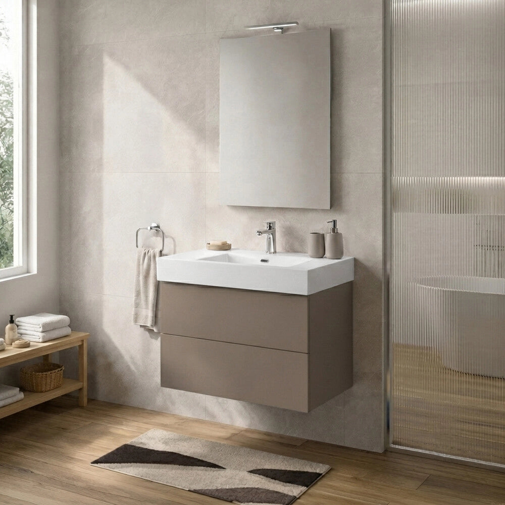 Mobile bagno sospeso 70 cm tortora due cassetti push-pull e lavabo in resina Tierra