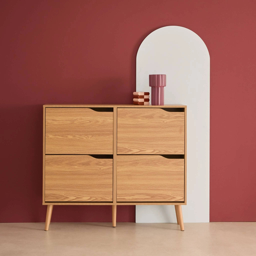 Scarpiera con decoro effetto legno, 4 ante, marrone naturale