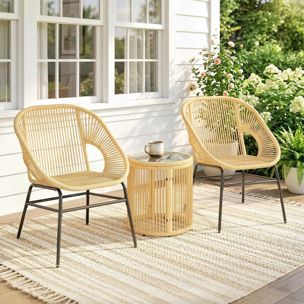Set da Bistr¨° 3 Pezzi in Rattan e Acciaio ¨C zephmum ¨C Beige, Vetro Temperato