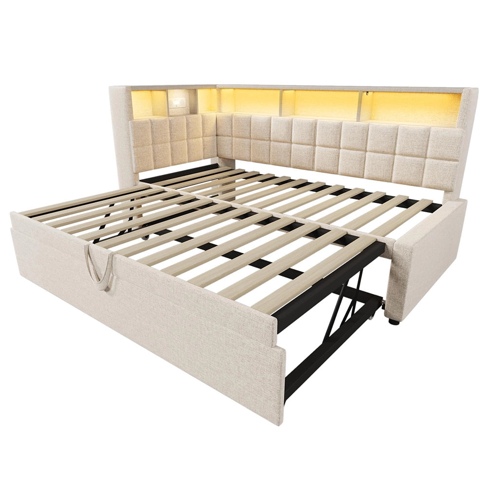 Letto imbottito-Xylo-90x200cm+90x190 LED Bluetooth USB-C testiera L lino beige senza materasso
