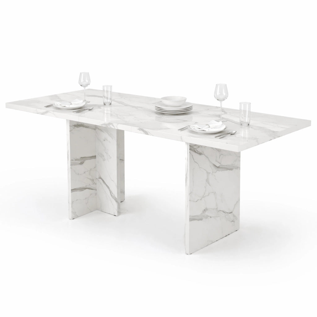 Tavolo da pranzo allungabile 140-180 cm in MDF, effetto marmo bianco, per 6-8 persone