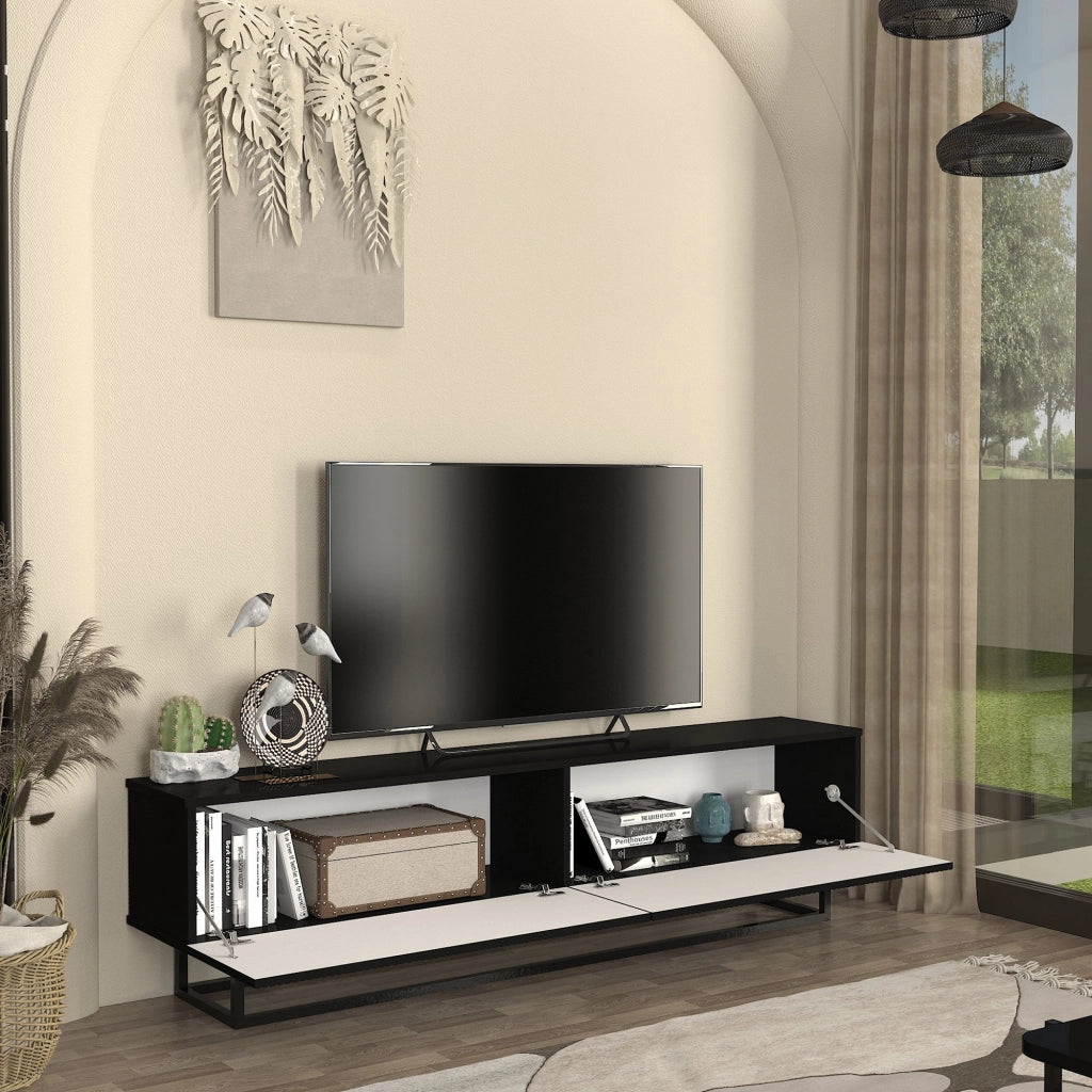 Mobile Porta TV Verpsboga a 2 Ante Decorative e Telaio in Metallo 180x32x47 cm - Nero [en.casa]