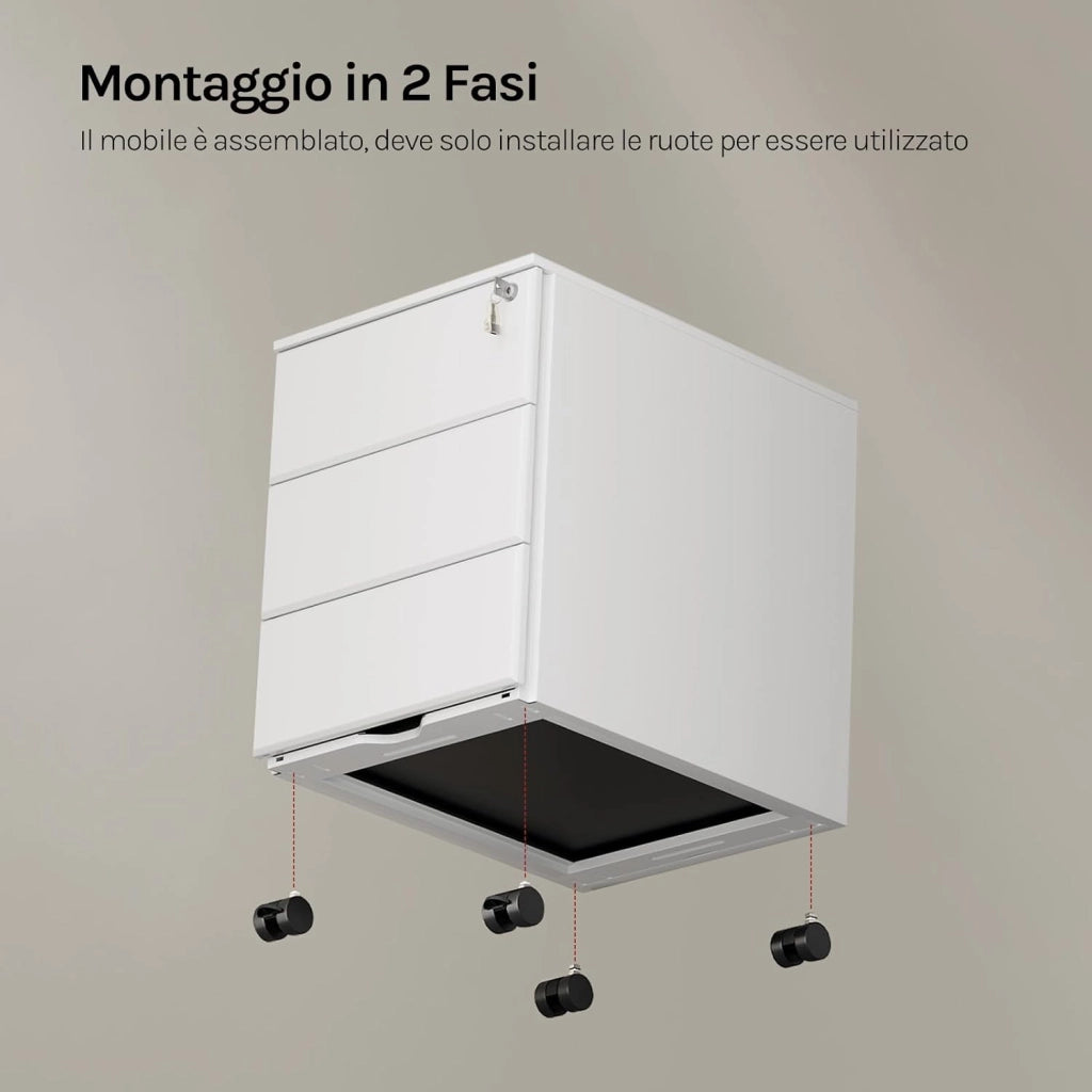 Cassettiera da Ufficio Scrivania Studio con Rotelle Mobiletto con 3 Cassetti e Serratura per Documenti Cartelle Sospese Cancelleria, Pre-Assemblato, metallo Bianco SK024ws