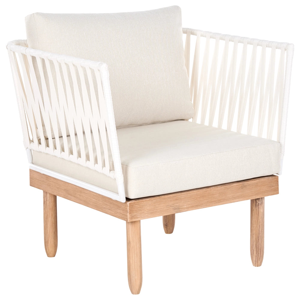 Set Lounge da Esterno in Legno di Acacia con Cuscini Bianchi Poltrona in Rattan Sintetico e Tavolino 4 Posti Destro