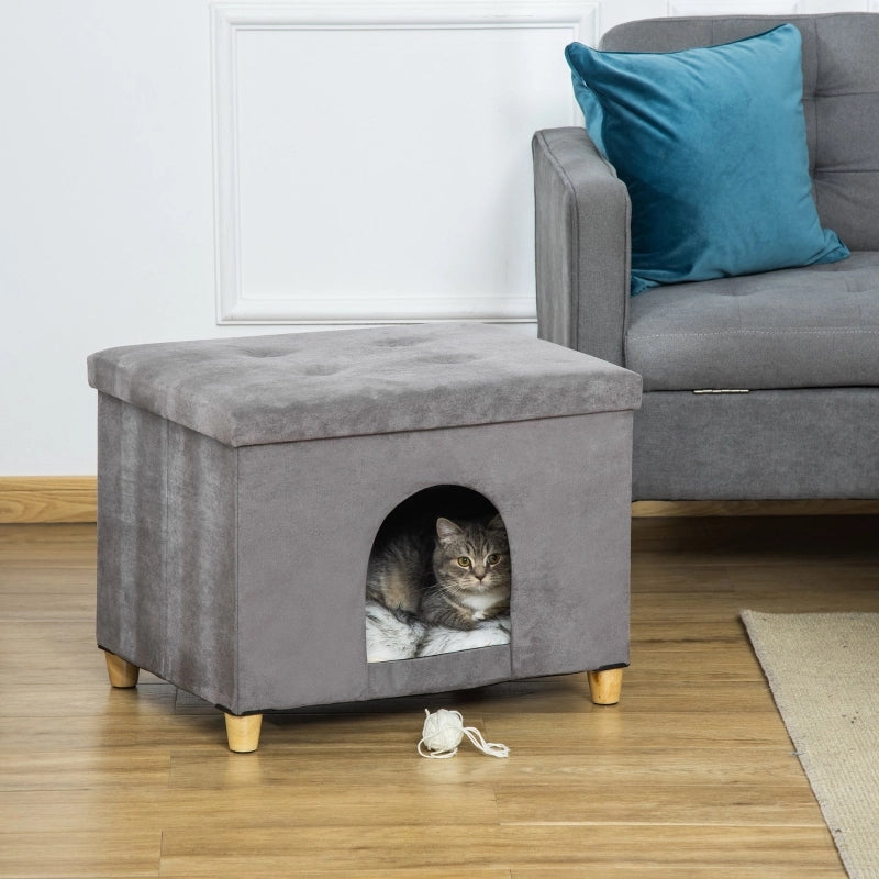 Cuccia per gatti 2 in 1 con funzione pouf, imbottita, MDF, grigio, 60 x 45 x 44,5 cm