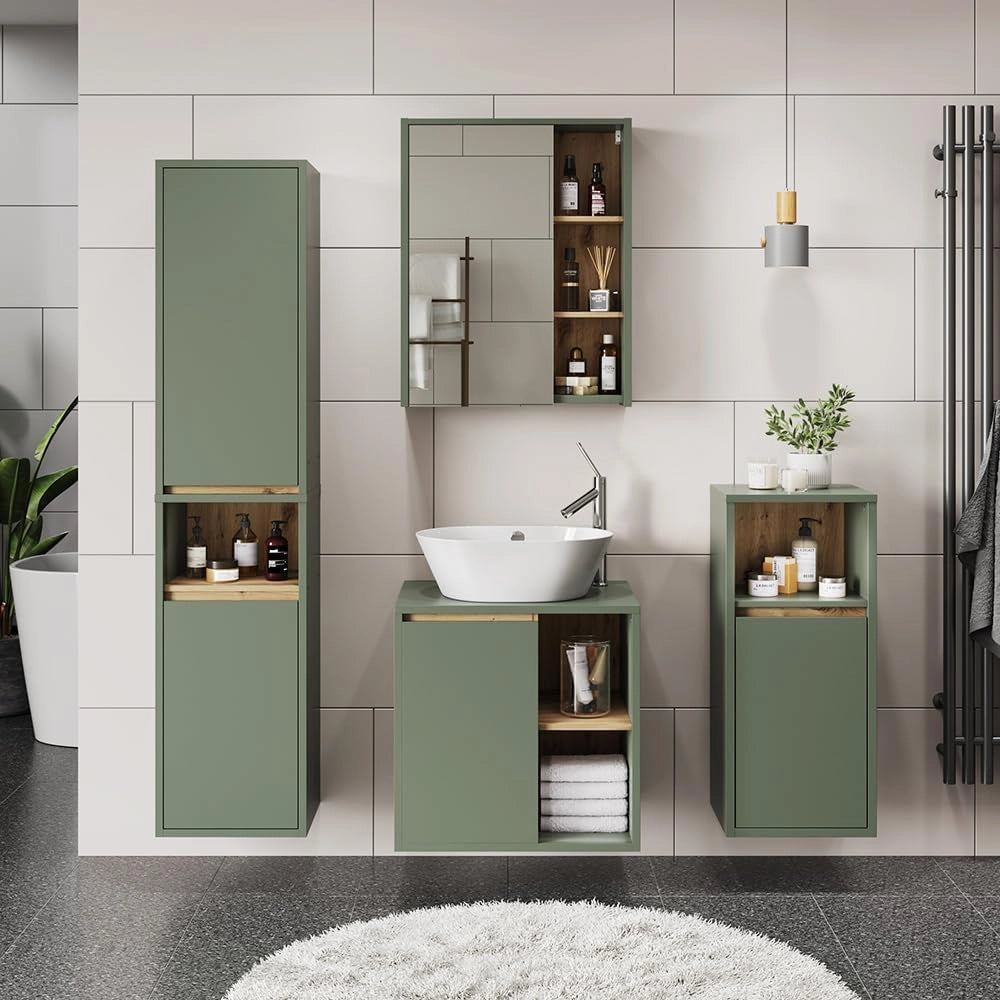 Mobile a specchio per bagno Viola, Verde/Artigianale, 60 x 75 cm con ripiani aperti, adatto al montaggio a parete per l'uso in bagno