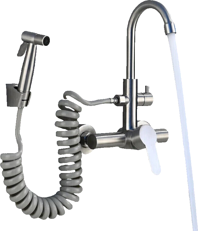 JULIE | rubinetto miscelatore da parete catering argento | professionale da cucina in acciaio inox con doccetta | ristorante da parete bocca alta