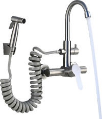 JULIE | rubinetto miscelatore da parete catering argento | professionale da cucina in acciaio inox con doccetta | ristorante da parete bocca alta