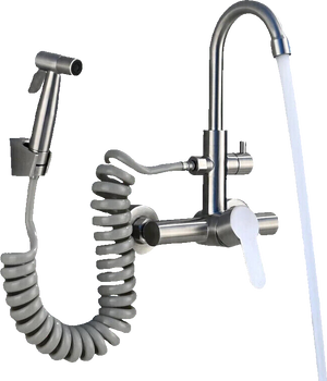 JULIE | rubinetto miscelatore da parete catering argento | professionale da cucina in acciaio inox con doccetta | ristorante da parete bocca alta