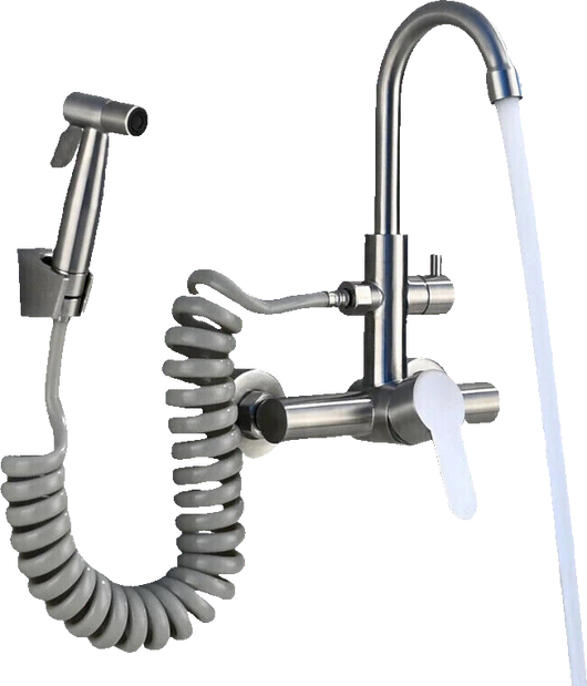 JULIE | rubinetto miscelatore da parete catering argento | professionale da cucina in acciaio inox con doccetta | ristorante da parete bocca alta