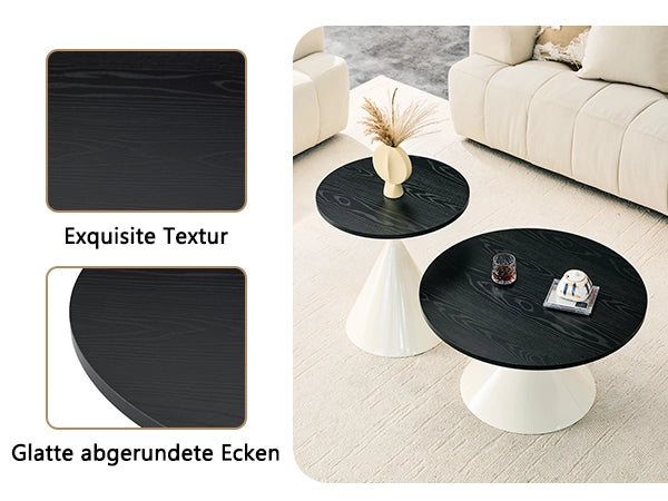 Tavolino basso set di 2 con piano in melaminico effetto legno nero e base in acciaio, per soggiorno, nero