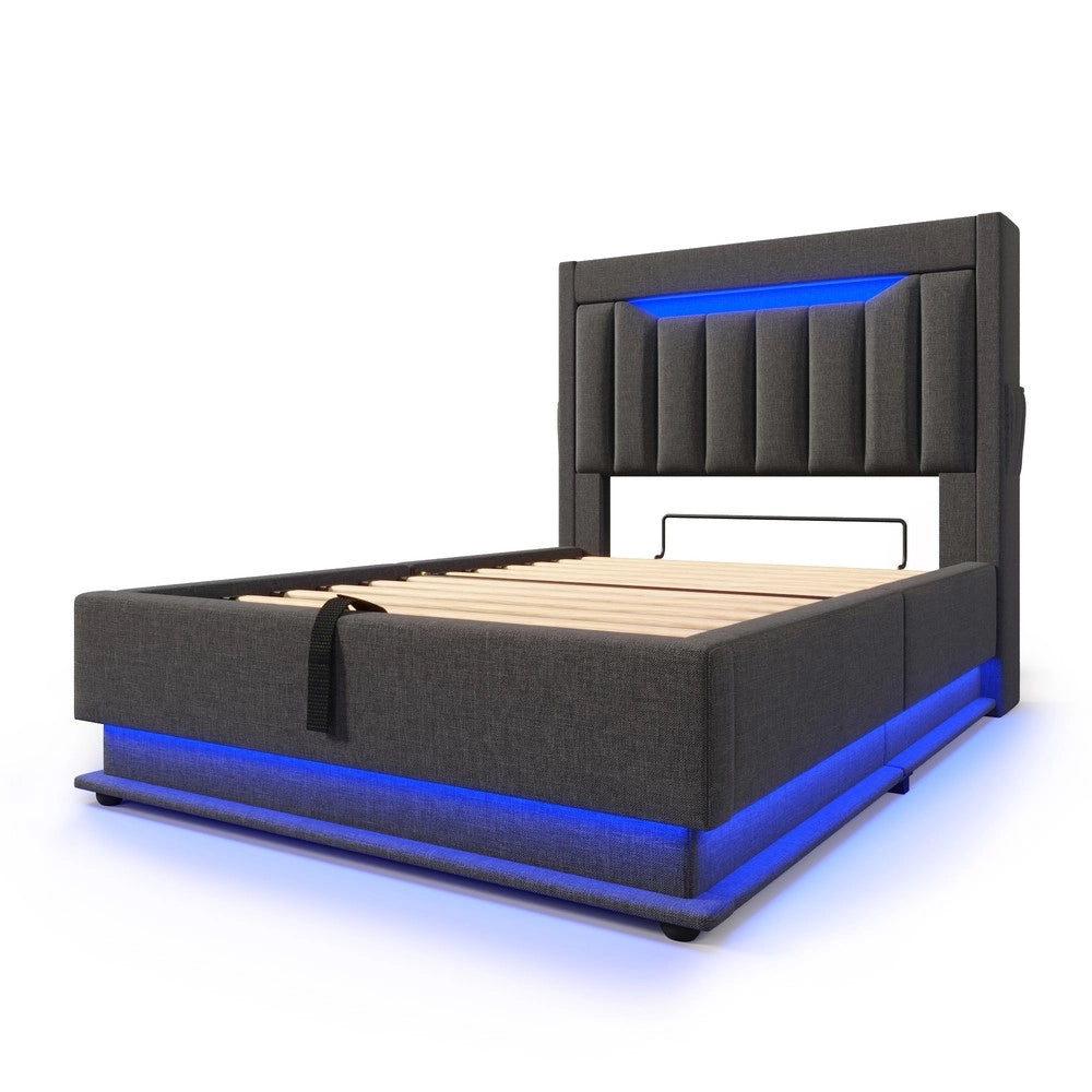 Letto Singolo Imbottito con Contenitore Idraulico e LED ¨C MINIMAL ¨C 90x200, Grigio Lino