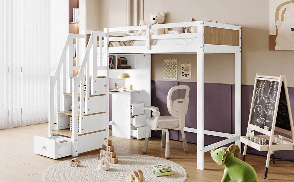 DESMIU Letto a Soppalco 90 × 200 cm 1 Posto con Scrivania, 3 Cassetti e Scaffale, senza Materasso, Bianco Naturale