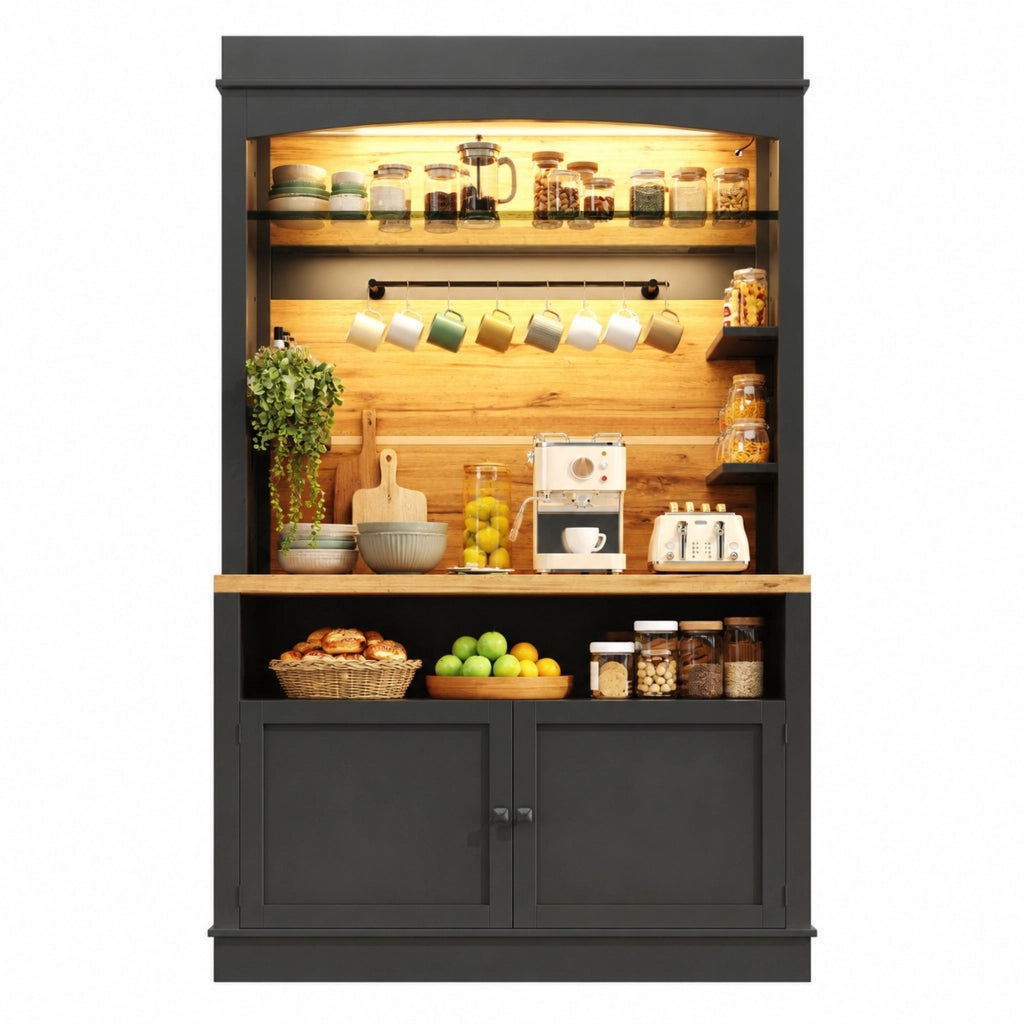 Mobile cucina alto 107x43x184 cm con LED, ripiani aperti e anta nera