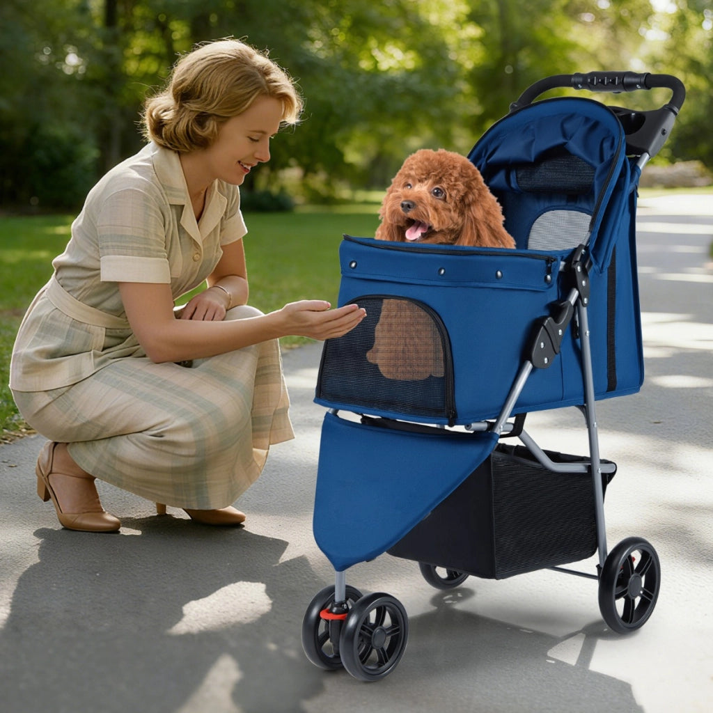 Passeggino per animali leggero con gatti e tetto regolabile pieghevole-Passeggino pieghevole per animali con portaoggetti Blu