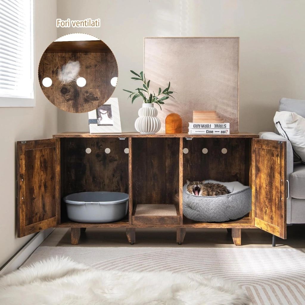 Mobile per Lettiera per Gatti 120 x 52 x 65 cm, Casetta per Gatti con 2 Ante, Fori, Tiragraffi e Gambe Staccabili, Mobile Versatile e Moderno per Salotto (Marrone e nero)