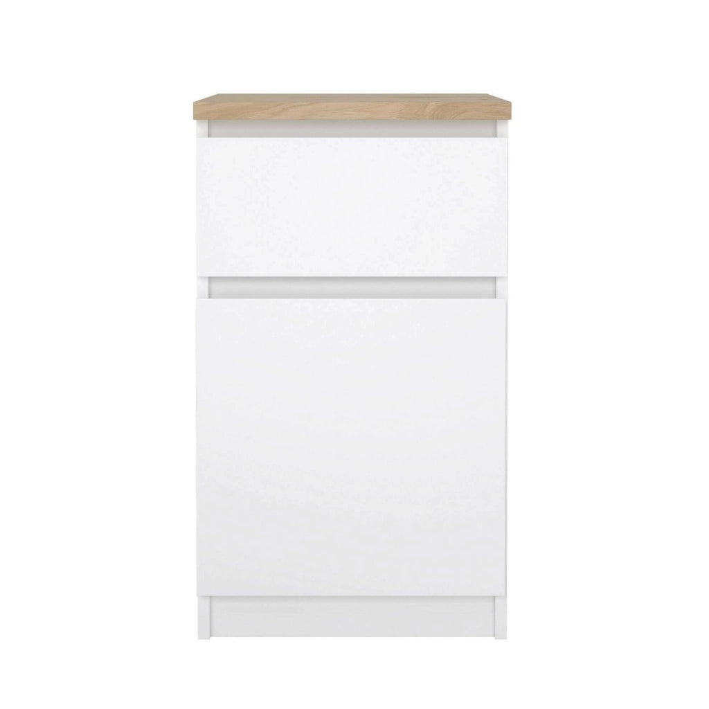 Comodino Delfini, Comò basso, Tavolino da notte, Mensola da letto, 40x40 h70 cm, Bianco lucido e Rovere