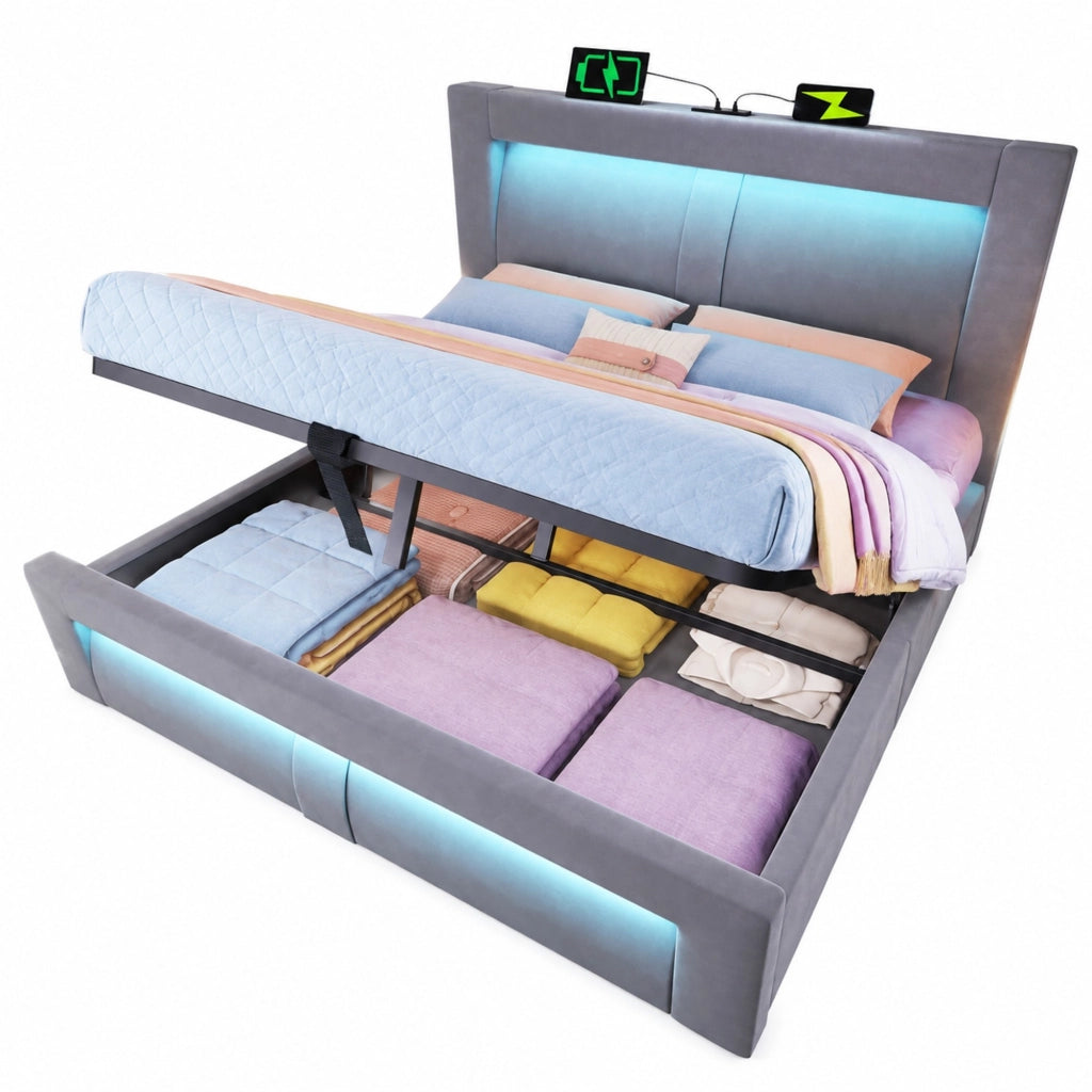 Letto matrimoniale 160x200 cm con contenitore, LED, USB e Type-C, in velluto grigio