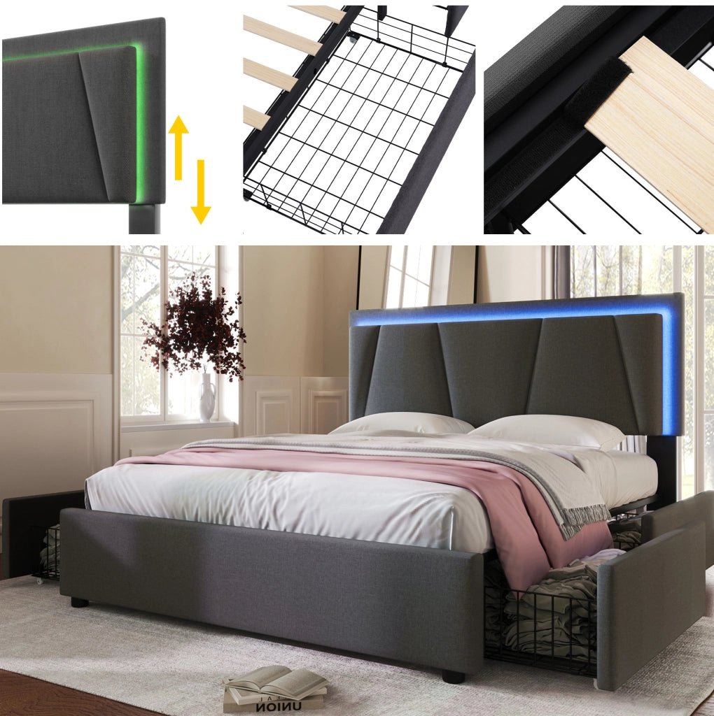 Letto matrimoniale 160x200 cm con LED e 4 cassetti grigio
