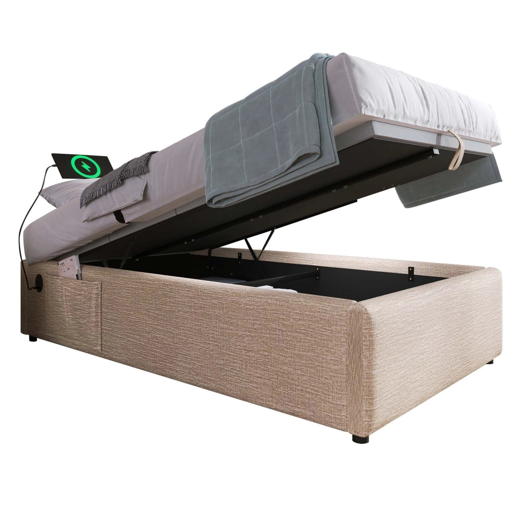 Letto contenitore singolo 90x190 cm con USB C; in lino beige