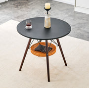 Tavolo rotondo 80 cm in MDF nero con gambe in legno massello effetto noce e cestino sospeso