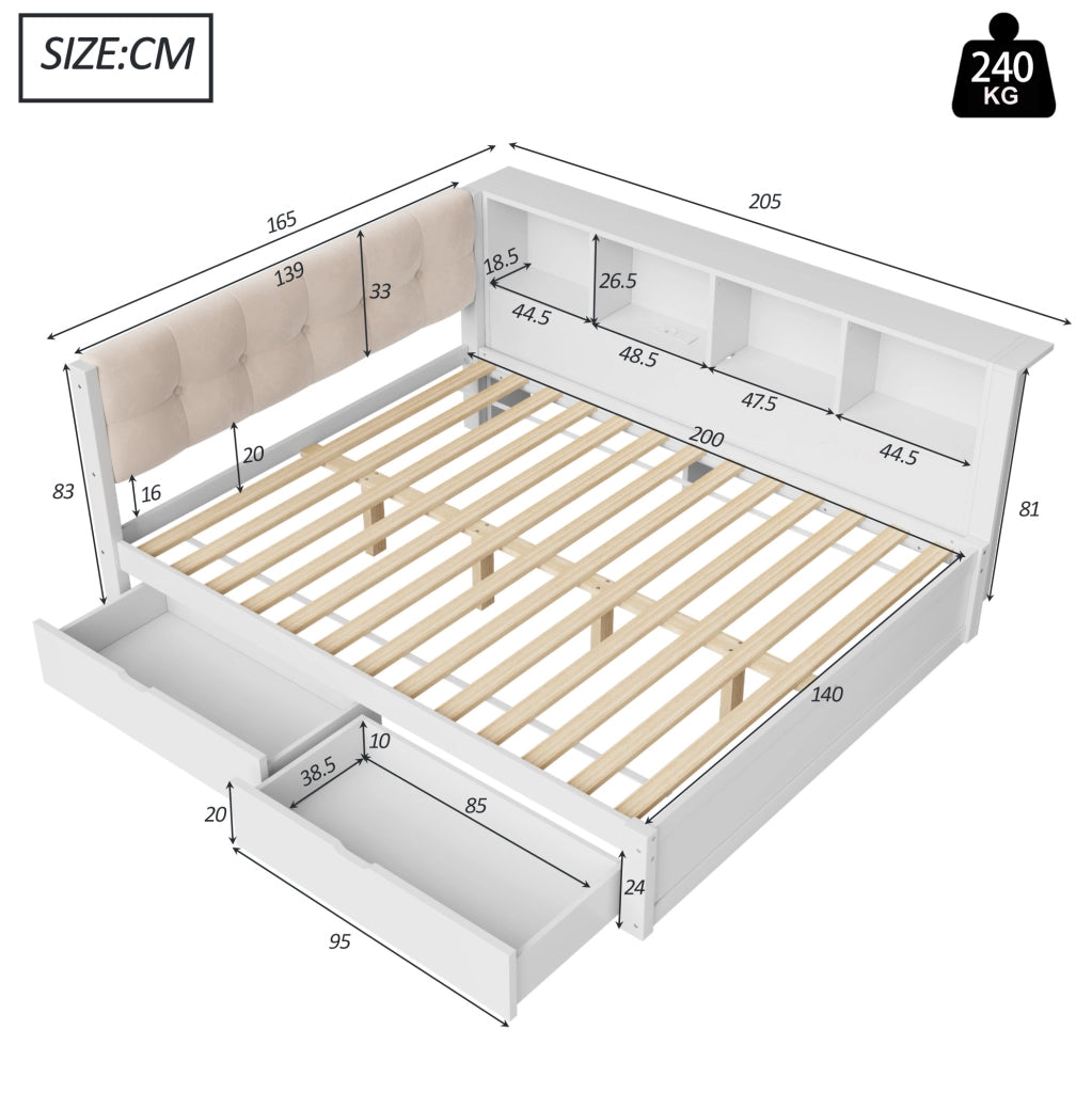 Daybed 140x200 cm con cassetti; ripiano integrato; USB e LED; in legno di pino e MDF; bianco