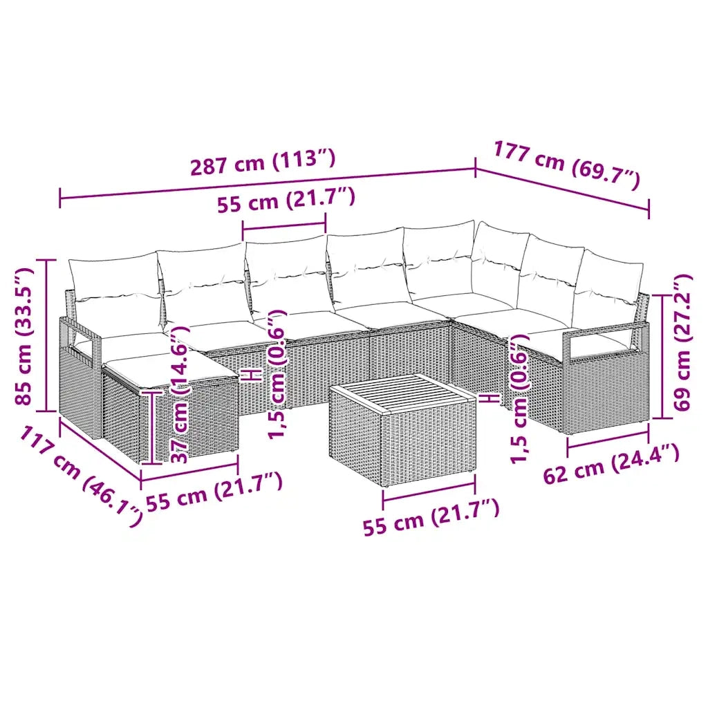 Set Divano da Giardino con cuscino 9 pcs Beige polyrattan 3347743