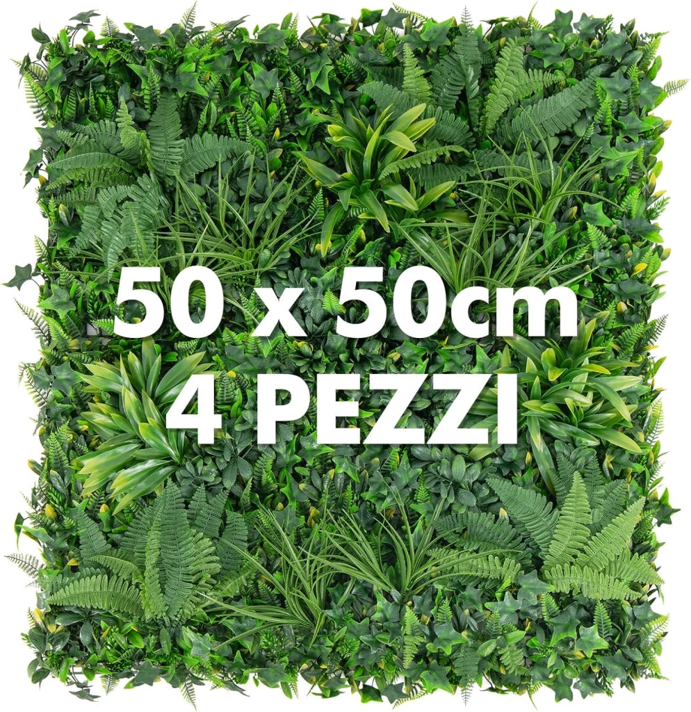 Pianta Finta 50 x 50 cm 4 Pezzi, Piante Artificiali da Interno ed Esterno, 4 Tappetini Erbosi Finti con Foglie Diverse per Decorazione da Giardino e Salotto