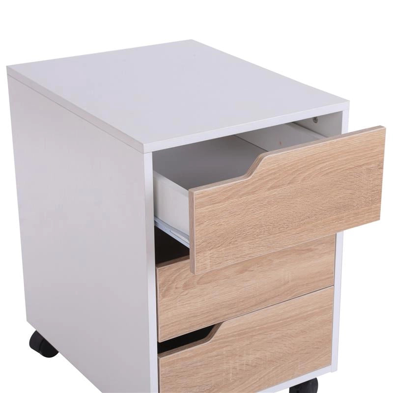 CASSETTIERA IN MDF CON 3 CASSETTI E RUOTE PER UFFICIO O STUDIO BIANCA E LEGNO 31X37X7.2CM