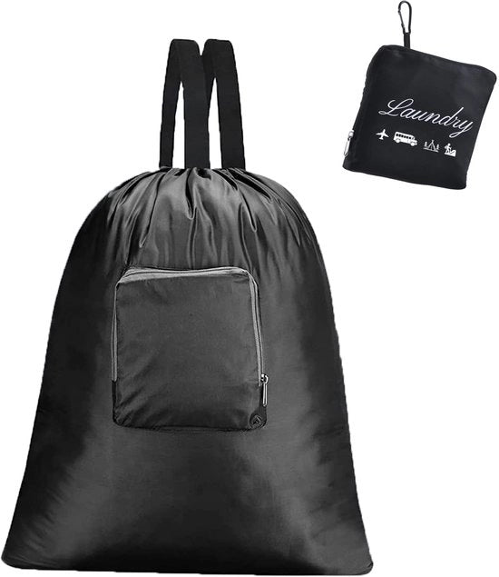 Sacca per la lavanderia portatile, espandibile e trasportabile, con cerniera e cordino per zaino, per viaggi, campeggio, ecc., 21 x 24 pollici (nero)