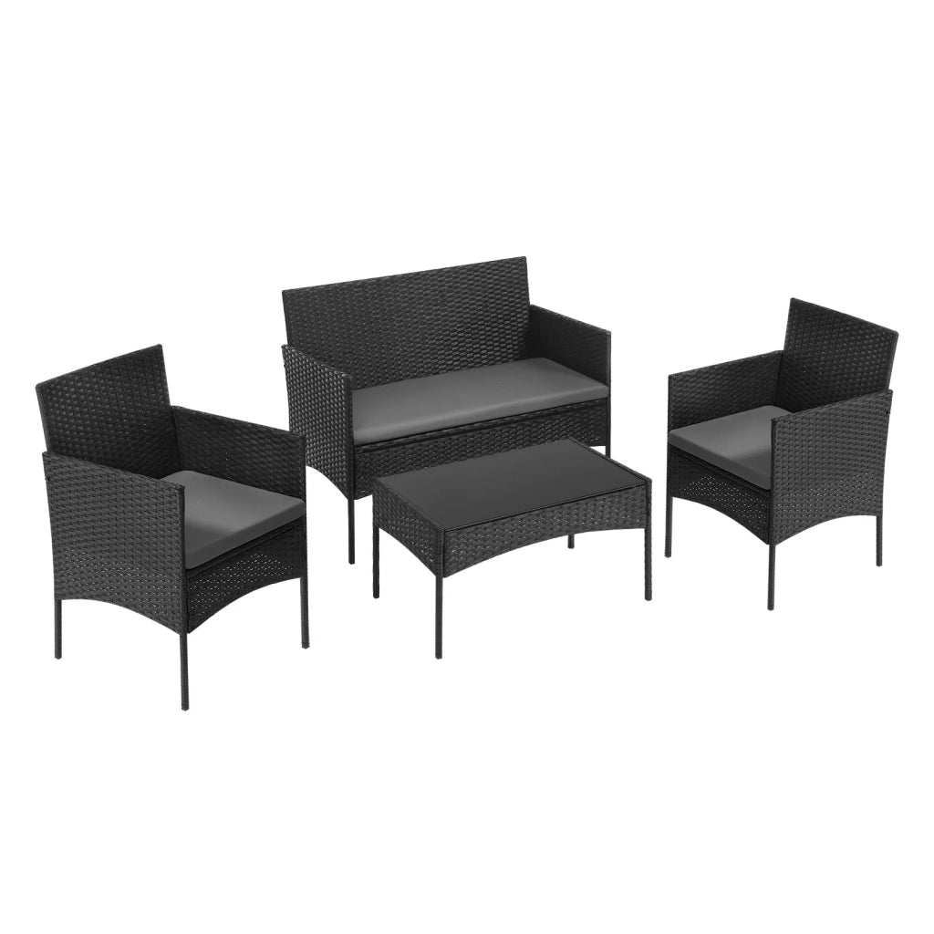 SET DA GIARDINO 4 POSTI IN RATTAN NERO CON TAVOLINO IN VETRO