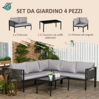 Set da Giardino 4 Pezzi con 2 Divanetti, Poltrona Angolare e Tavolino da Caffè in Vetro Temperato