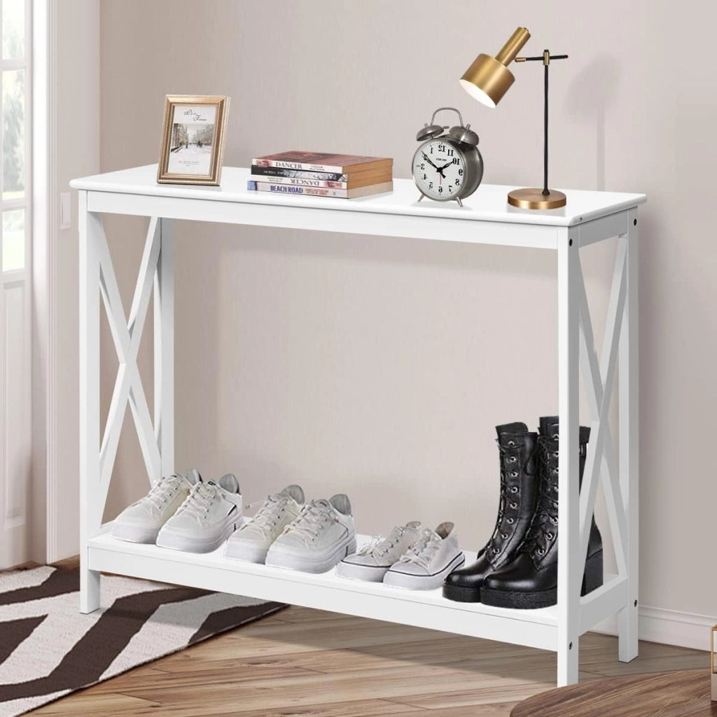 Tavolino Consolle da Divano, a 2/3 Ripiani, Stuttura a X, Portata di 50 kg, Compatto per Salvaspazio, Ideale per Camera, Soggiorno, Ingresso, 4 Colori (Bianco, 100x30x80cm)