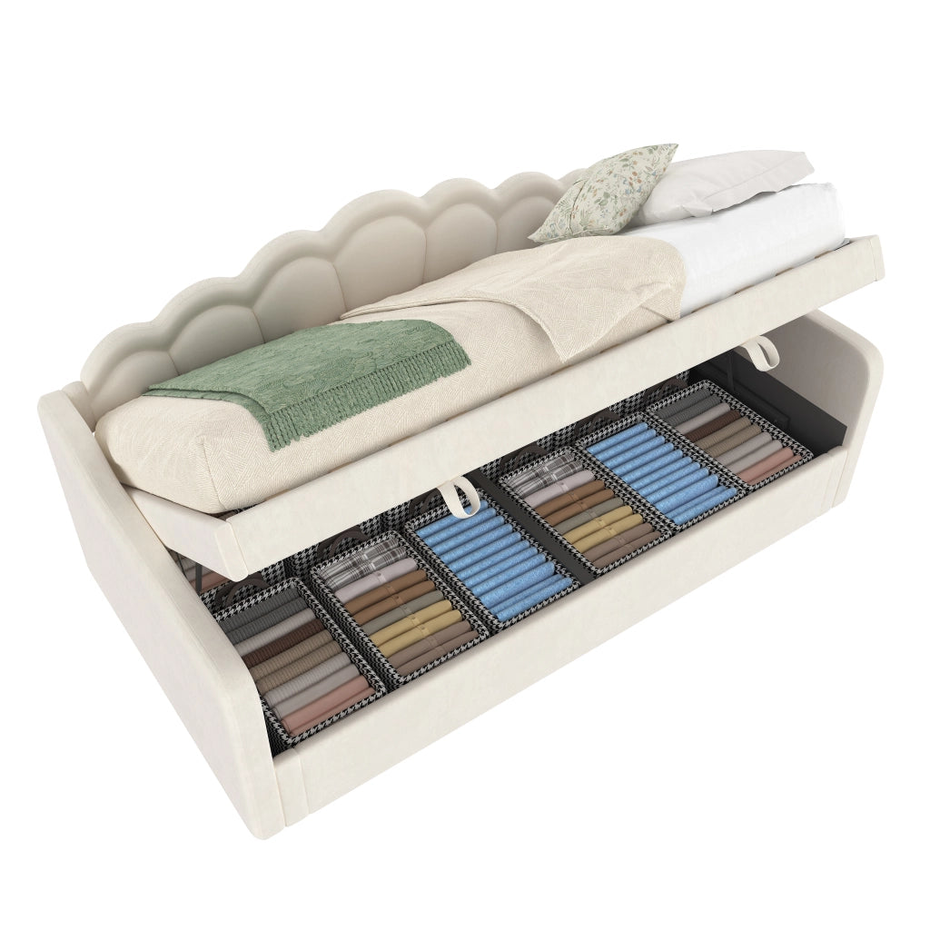 Letto a Divanetto 90 x 200 cm; Letto Singolo con Contenitore e LED Regolabile - Beige