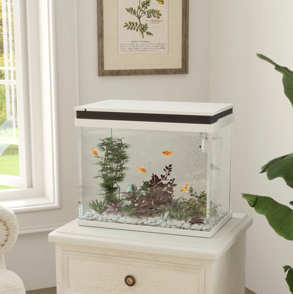 Acquario in vetro da 41 litri con sistema di filtraggio, luce LED multicolore e pompa acqua, compatto per diverse specie di pesci, colore bianco