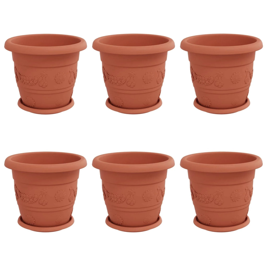 Set di 6 vasi cilindrici moderni 26 x 21,5 cm con drenaggio decorazione da esterno in plastica rosso mattone 02_0056118