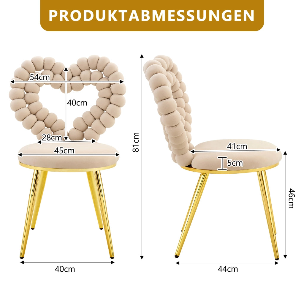 Chaise da pranzo 2 pezzi con schienale a cuore traforato in velluto e gambe in metallo nero beige chiaro