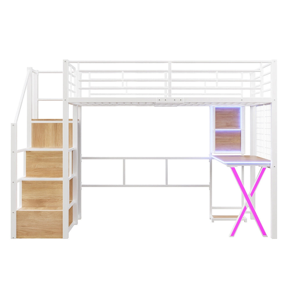 Letto mezzanino 90x200cm - Xylo - bianco, armadio, scrivania, illuminazione LED
