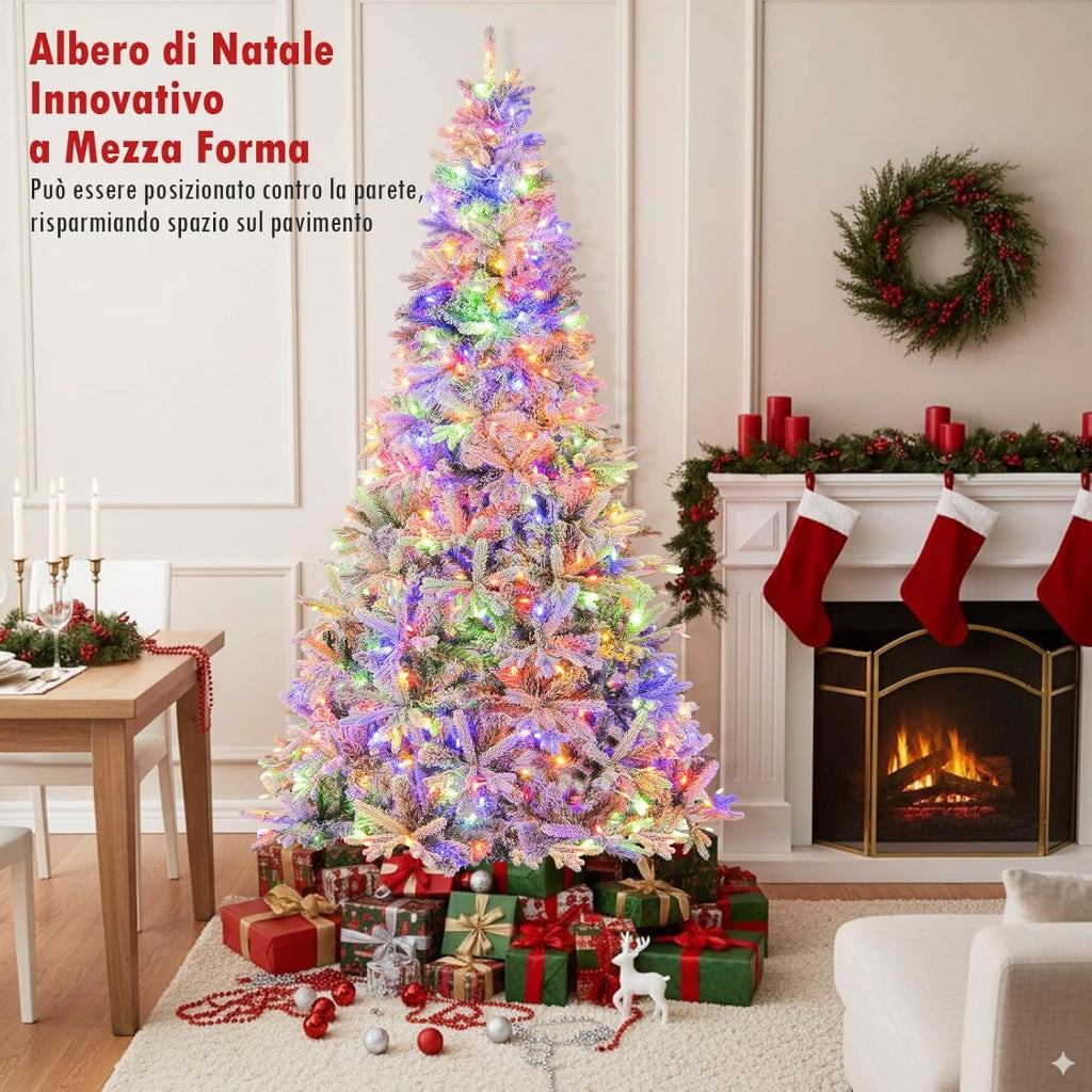 Albero di Natale Artificiale Innevato Metà 180 cm Pre-illuminato | Albero di Natale con 180 Luci LED Bianche Calde e Multicolori, 9 Modalità, 652 Punte di Rami in PE & PVC e Telecomando