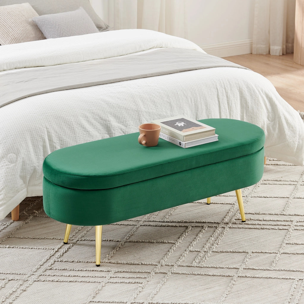 Panca contenitore ovale - con vano portaoggetti e coperchio ammortizzato - in velluto verde scuro