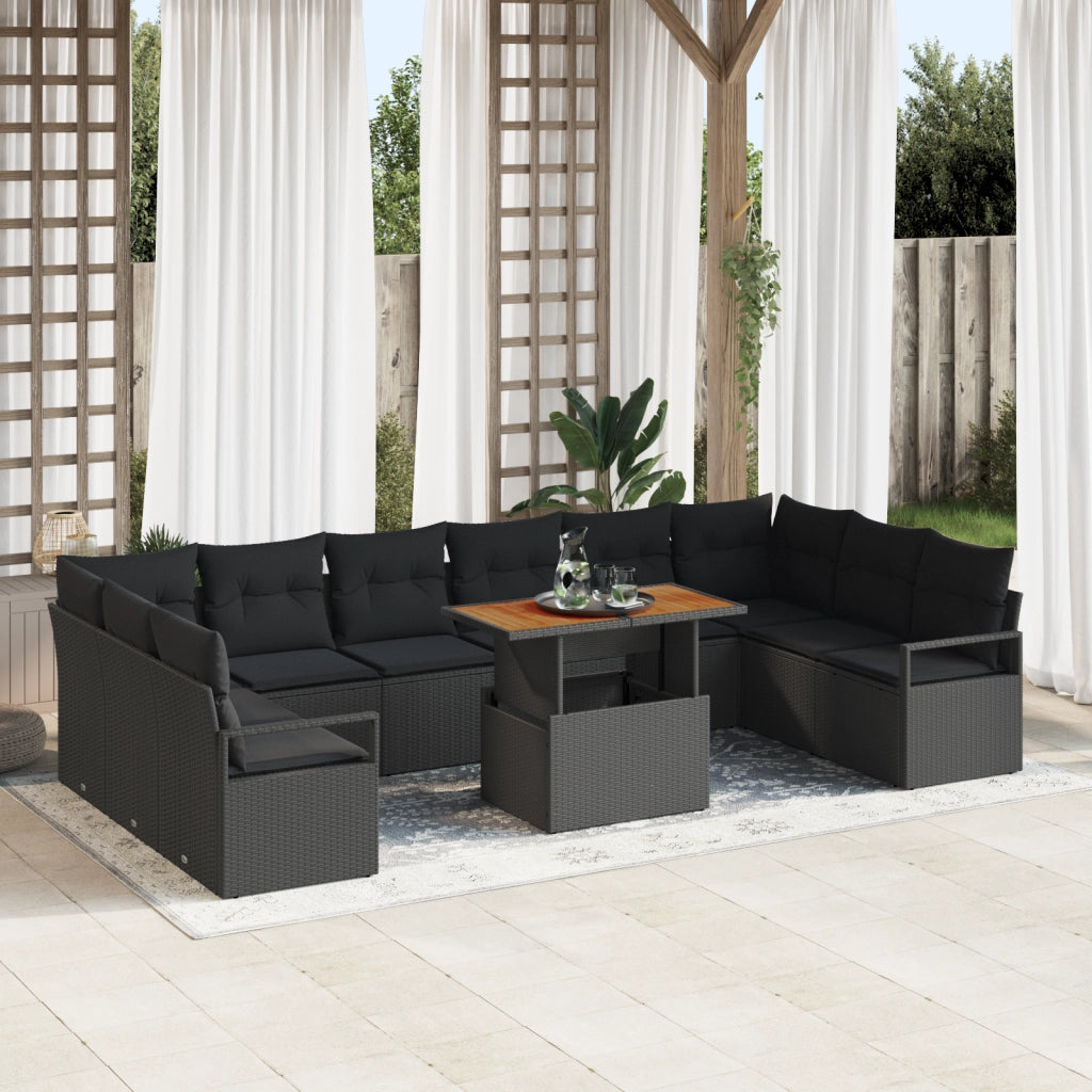 Set divano da giardino 11 pezzi con cuscini neri in polyrattan