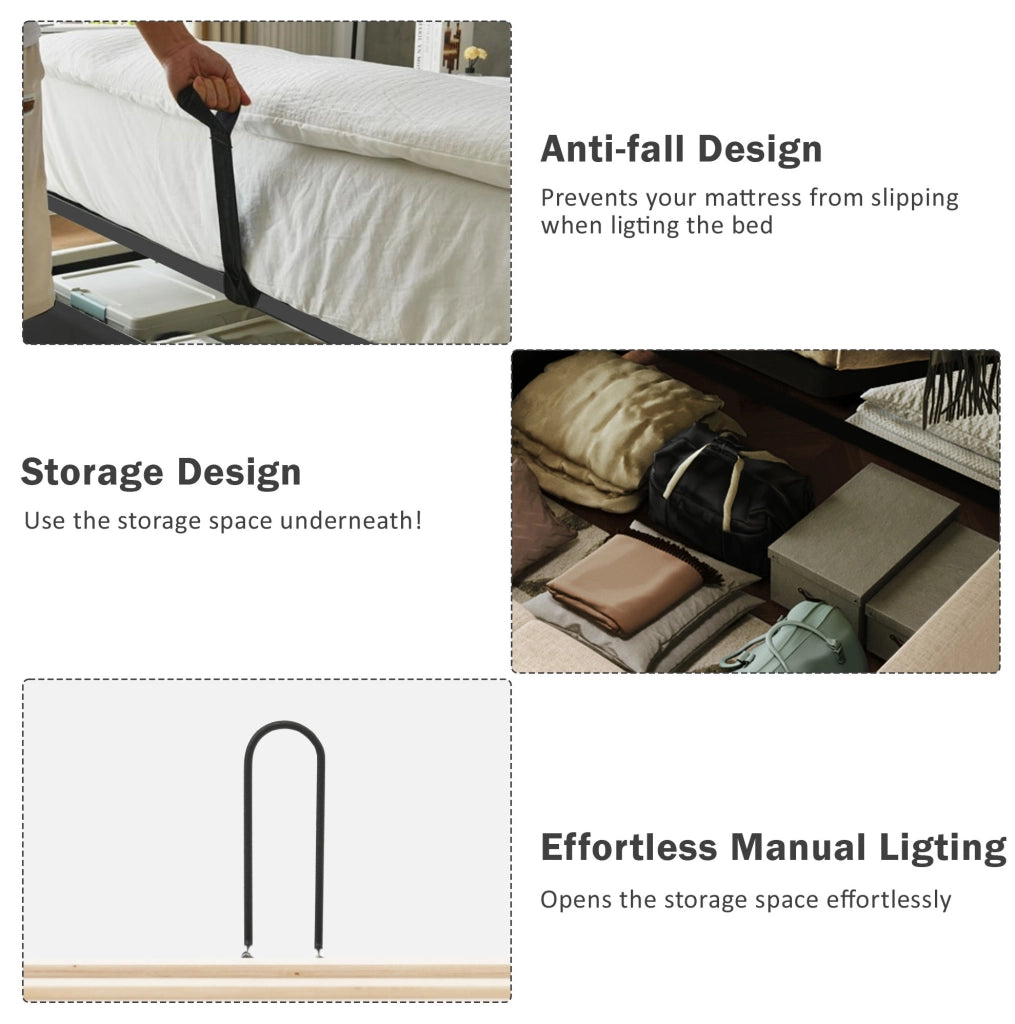 Letto contenitore 160 × 200 cm con lampada da lettura; USB e USB-C; lino grigio